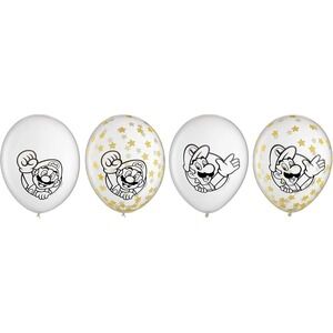 Super Mario Bros Confetti Balloons 6 Pack White Latex Party Decorations